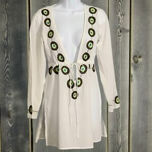 Eva Zissu Embroidered Swim Cover Up Size S Deep V Neck Cotton Aruba Resort Wear